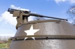 Machine Gun On Old American Tank With Blue Sky Stock Photo