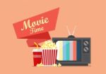 Movie Time Popcorn Snack And Drink With Retro Television Stock Photo