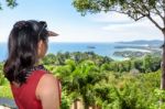 Woman Tourist On High Scenic View Stock Photo