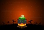 Halloween Bonfire Graveyard Witch Cauldron Skull Cross Stock Photo