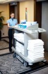 Employee Pushing Housekeeping Cart Stock Photo