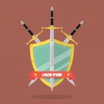 Three Swords And Shield Flat Style Badge Icon Stock Photo
