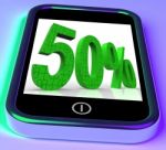 50 On Smartphone Shows Mobile Marketing And Special Promotions Stock Photo
