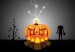 Halloween Pumpkin Bonfire Thunderbolt Mask Tree Zombie  Stock Photo