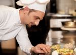 Satisfied Chef Analyzing Dish Before Serving Stock Photo