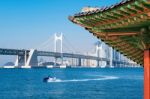 View Of Gyeongbokgung Roof.gwangan Bridge And Haeundae In Busan,korea Stock Photo