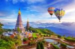 Landmark Pagoda In Doi Inthanon National Park With Balloon At Chiang Mai, Thailand Stock Photo