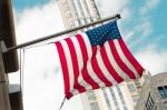 America Usa Flag Waving Building Street City Stock Photo