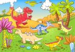 Cute Dinosaurs In Prehistoric Scene Stock Photo
