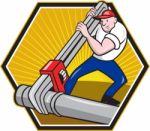 Plumber Worker With Adjustable Wrench Cartoon Stock Photo