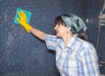 Young Smiling Woman Washes A Tile Stock Photo