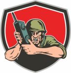 World War Two American Soldier Field Radio Shield Stock Photo