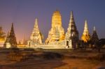 Beautiful Wat Chai Watthanaram Temple In Ayutthaya Thailand At Twilight Time Stock Photo