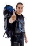 Male Traveler With Thumbs Up Stock Photo