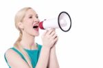Excite Woman Shout With Megaphone Stock Photo