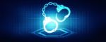 2d Illustration Cyber Security Concept: Pixelated Handcuffs Icon On Digital Background, Cyber Crime Concept Stock Photo