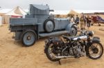 Old Brough Superior Motorcycle And An Armored Car Stock Photo
