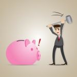Cartoon Businessman Smashed Piggy Bank Stock Photo