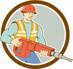Construction Worker Jackhammer Circle Cartoon Stock Photo