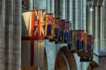Flags Hanging In Ely Cathedral Stock Photo