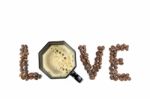 Word Love With Coffee Beans And Cup Stock Photo