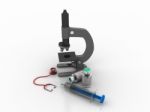 3d Rendering Microscope With Stethoscope Near Syringe Stock Photo