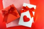 Valentines Gift Box With A Red Bow On Red Background Image Of Va Stock Photo
