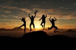 3d Illustration Of Silhouette Group Of Happy  Traveller  Jumping Stock Photo