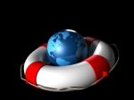 Life Buoy And Earth Globe On A Black Background Stock Photo