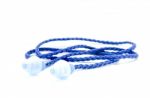 Blue Earplugs With A String On White Background Stock Photo