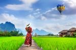 Young Woman Look At Balloon And Walking On Wooden Path With Green Rice Field In Vang Vieng, Laos Stock Photo