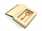 Opened Ancient Paper Book With Retro Golden Key Hidden Inside Stock Photo