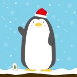 Cute Big Fat Penguin Wear Christmas Hat Standing Stock Photo