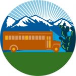 School Bus Vintage Cactus Mountains Circle Retro Stock Photo