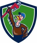 Turkey Plumber Raising Wrench Shield Cartoon Stock Photo