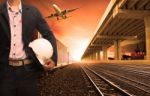 Industry Container Trains On Railways Track Cargo Plane Flying W Stock Photo