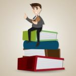 Cartoon Businessman Reading Book On Stack Of Book Stock Photo
