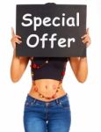Girl Showing Special Offer Board Stock Photo