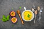 Composition Of Ice Cream Passion Fruit Flavor In Vintage Bowl Se Stock Photo