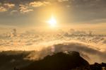 Early Morning Foggy  Sunrise On  Top Of Mountain Soft Focus Grai Stock Photo