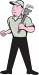 Plumber Holding Monkey Wrench Front View Cartoon Stock Photo