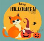 Happy Halloween Card With Hand Drawn Orange Cat And Pumpkins Against Full Moon Stock Photo
