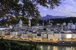 Aerial Panoramic View Of The Famous Historic City Of Salzburg Stock Photo
