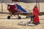 Bedouin Guarding Ww1 Aircraft In The Desert Stock Photo