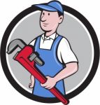 Handyman Holding Pipe Wrench Circle Cartoon Stock Photo