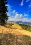 Sunny Spring In Mountains. Fields And Hills Stock Photo
