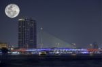 The Beauty Of The Full Moon At Chao Phraya River And Pinklao Bridge , Bangkok Thailand Stock Photo