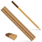 Pencil Ruler And Eraser On A Wooden Design. Ruler And Pencil With Eraser For Wooden Texture Isolated On White Background. Object Tool Stock Photo