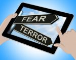 Fear Terror Tablet Shows Frightened And Terrified Stock Photo