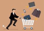Businessman Add A Clothing And Accessories Into Cart Stock Photo